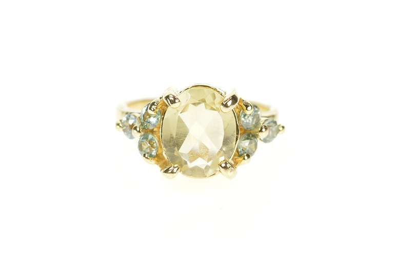 14K Yellow Gold Quartz Blue Topaz Cluster Accent Cocktail Ring