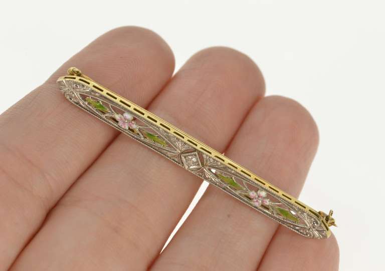 14K White Gold Art Deco Diamond Enamel Flower Filigree Bar Pin/Brooch