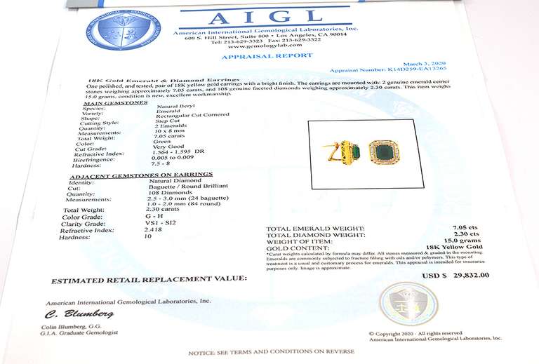 18K Yellow Gold Emerald & Diamond Earrings