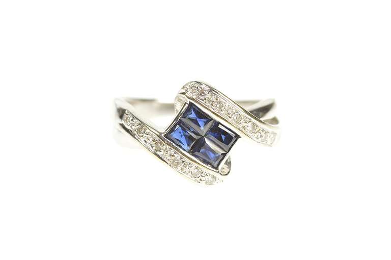 18K White Gold 0.71 Ctw Baguette Sapphire Diamond Bypass Ring