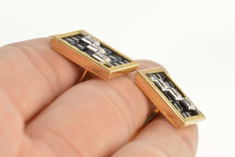14K Yellow Gold Lucien Piccard Geometric Sapphire Diamond Cuff Links
