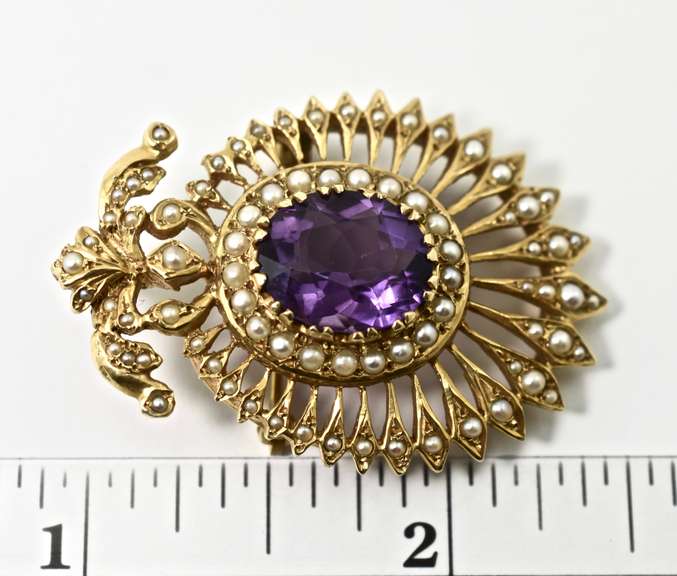 Stunning Antique Amethyst and Seedpearl 14K Brooch