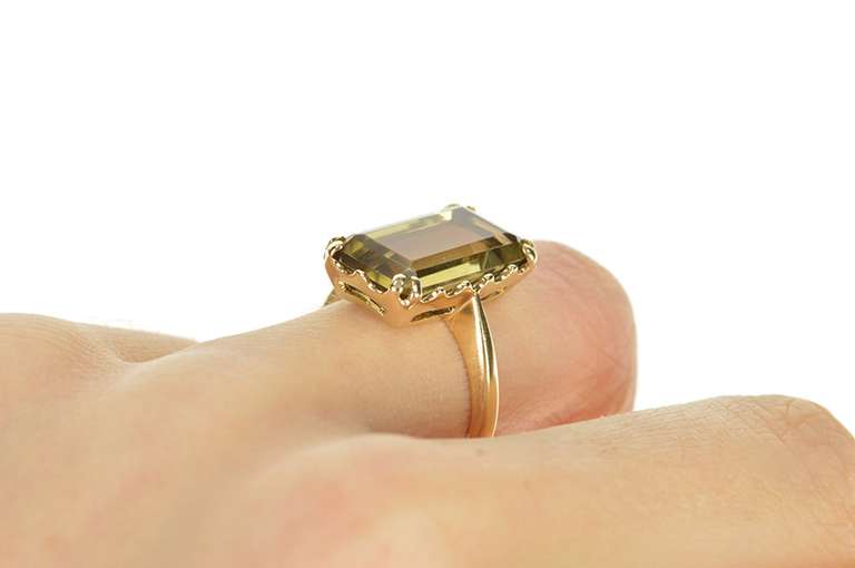 10K Yellow Gold Emerald Cut Smoky Quartz Solitaire Statement Ring