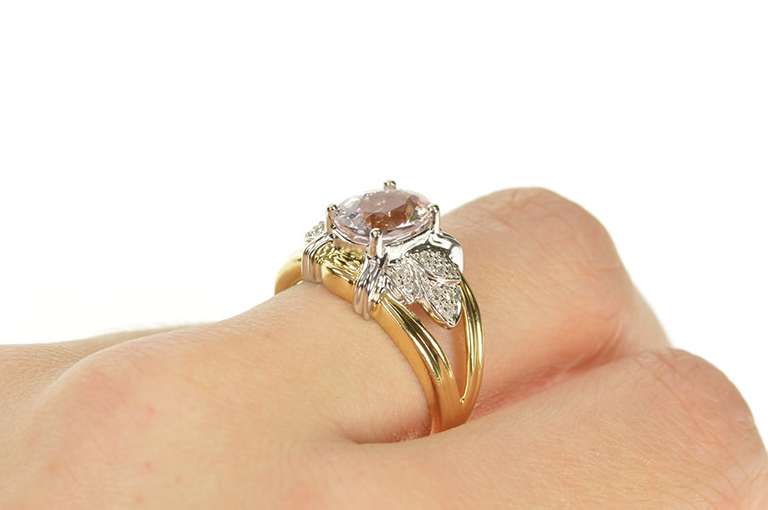 14K Yellow Gold Pink Topaz Diamond Leaf Cluster Statement Ring