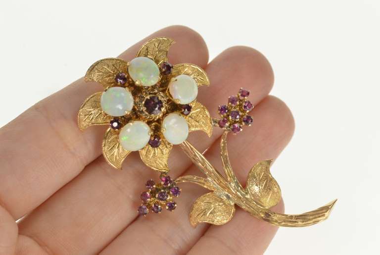 14K Yellow Gold Natural Opal Ruby Etched Flower Statement Pin/Brooch