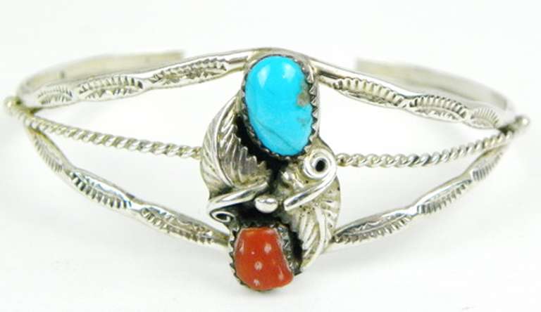 Sterling Native American Turquoise/Coral Cuff