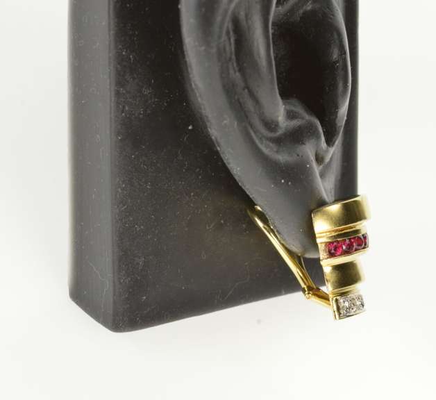 14K Yellow Gold Diamond Ruby Tiered Ornate French Back Earrings