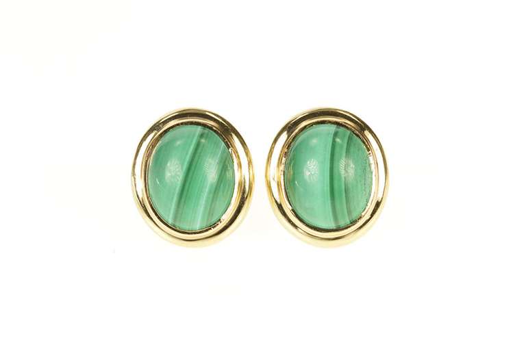 14K Yellow Gold Oval Malachite Cabochon Retro Stud Earrings