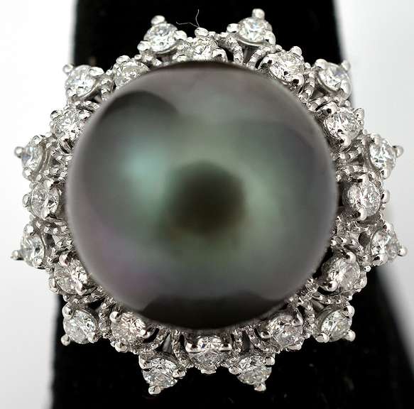 Tahitian Pearl & Diamond Ring in Platinum