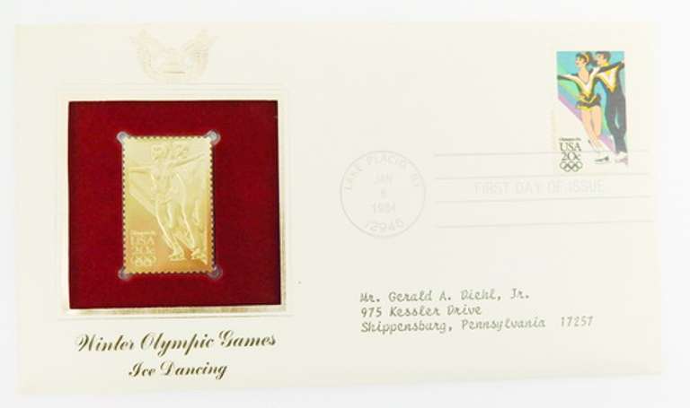 4 Winter Olympics 1st Day Covers & 22KT Gold Stamps