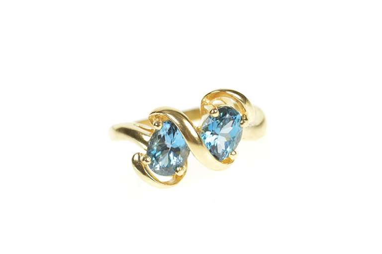 14K Yellow Gold Oval Blue Topaz Two Stone Wavy Statement Ring