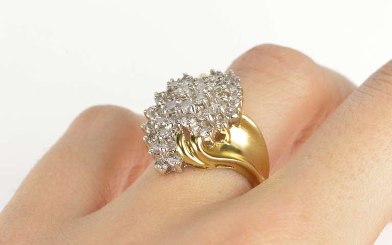 14K Yellow Gold Swirl Design Diamond Cluster Bypass Cocktail Ring