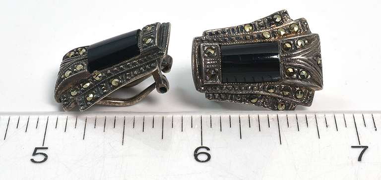 Art-Deco Style Onyx & Marcasite Clip-On Earrings in Sterling Silver