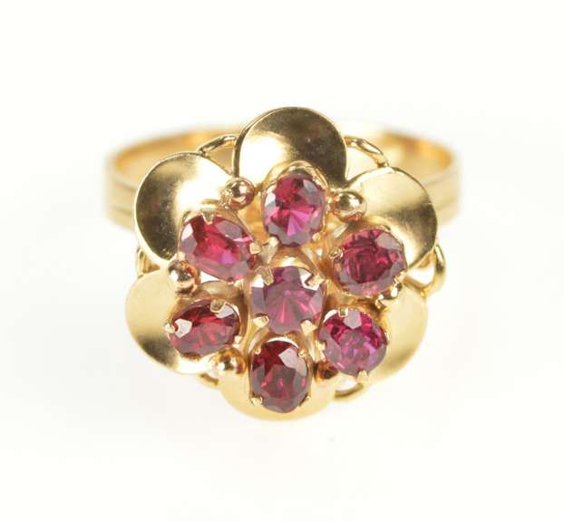 18K Yellow Gold Flower Cluster Rhodolite Cocktail Statement Ring