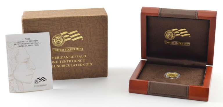 2008-W $5.00 American Buffalo 1/10 Oz Fine Gold UNC Coin - Box & COA