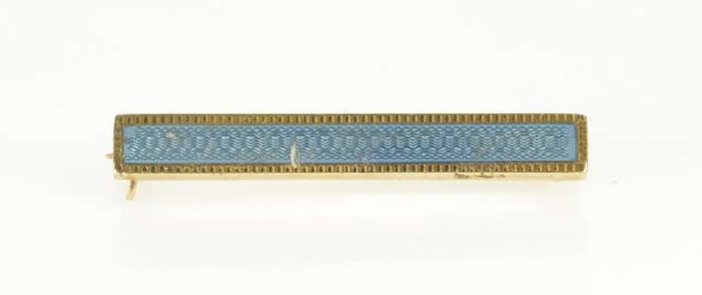 14K Yellow Gold Retro Blue Enamel Ornate Etched Bar Pin/Brooch