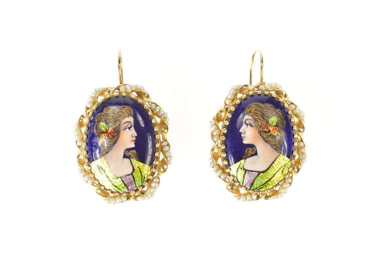 14K Yellow Gold French Ornate Ceramic Lady Portrait Dangle Earrings