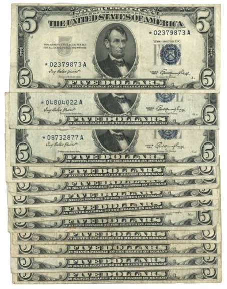 12 Scarce 1953 Series $5 Blue Seal Silver Certs with Stars