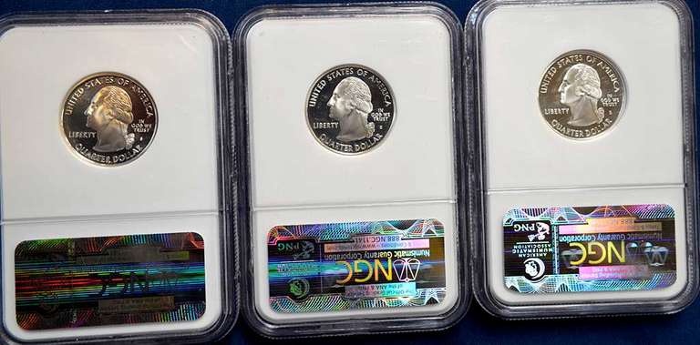 Lot of 3 Proof 70 Ultra Deep Cameo NGC 2006 State Quarters North Dakota, Nebraska, Nevada