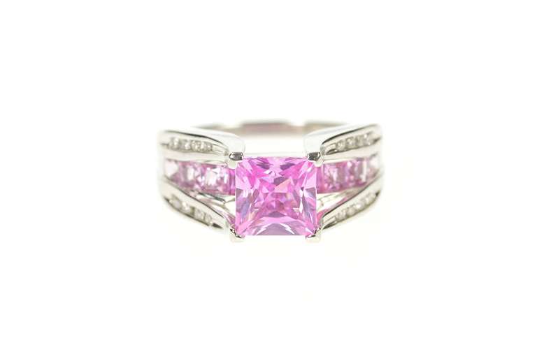 10K White Gold Princess Syn. Pink Sapphire Diamond Statement Ring