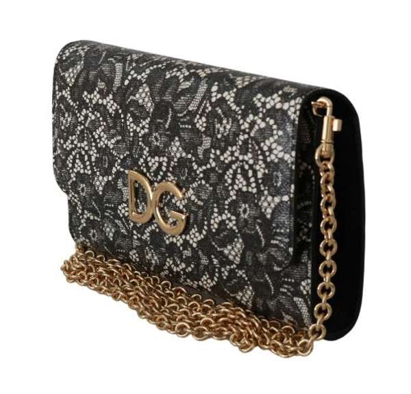 DOLCE & GABBANA  Black Floral Lace Evening Long Leather Bag