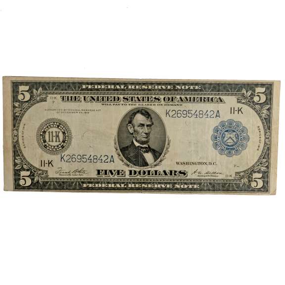 $ 5 Series Of 1914 Lincoln Dallas Federal Reserve Note