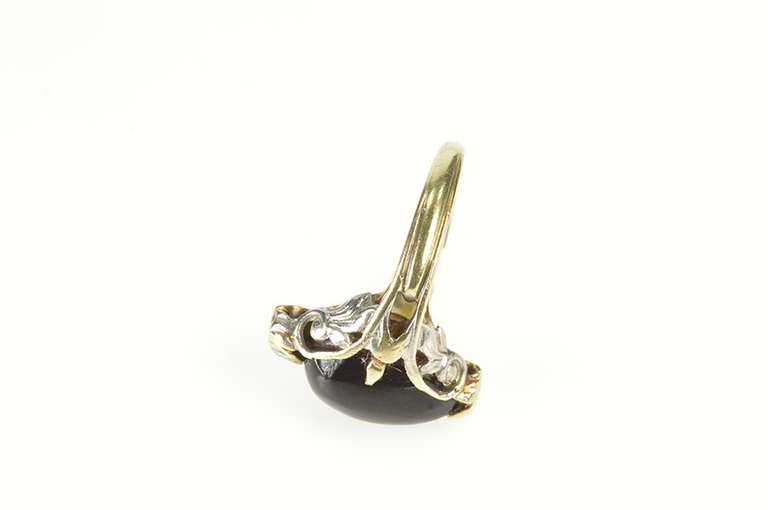 14K Yellow Gold 1930's Pear Black Onyx Diamond Scroll Ornate Ring