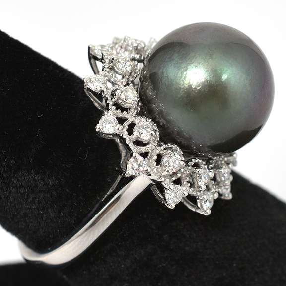 Tahitian Pearl & Diamond Ring in Platinum