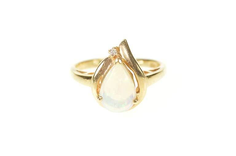 14K Yellow Gold Pear Natural Opal Diamond Accent Statement Ring