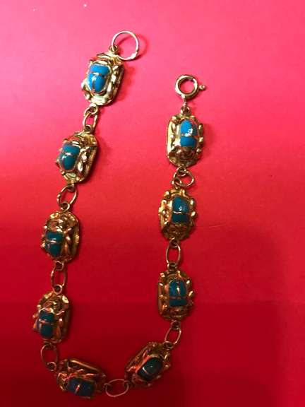 Ladies 18k yellow gold and enamel Egyptian scarab bracelet