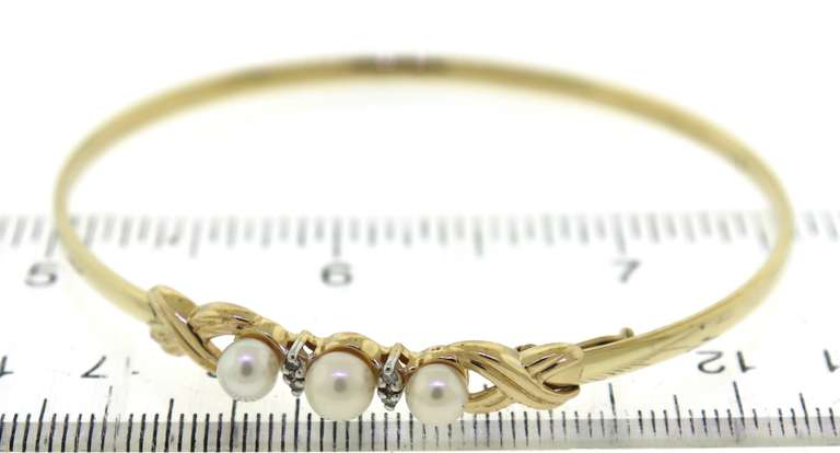 Pretty 14kt YG Pearl and Diamond Accent Bangle Bracelet