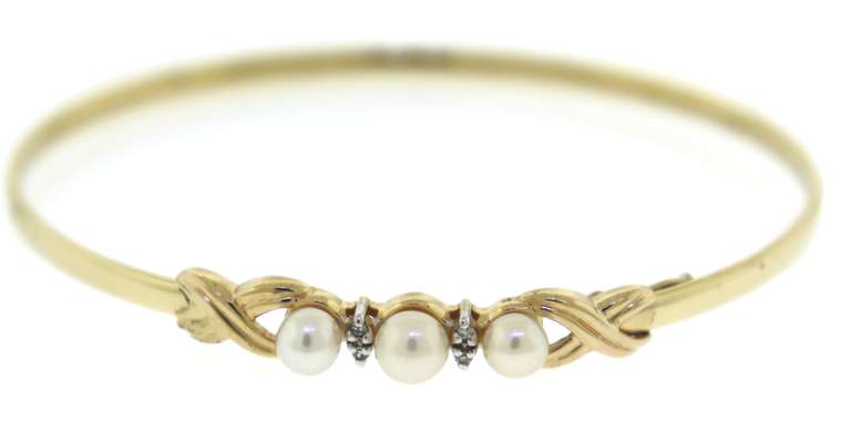 Pretty 14kt YG Pearl and Diamond Accent Bangle Bracelet