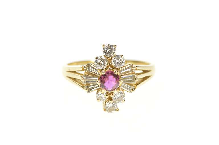 14K Yellow Gold 0.85 Ctw Ruby Diamond Halo Engagement Ring
