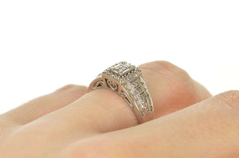 10K White Gold Princess Diamond Halo Cluster Engagement Ring