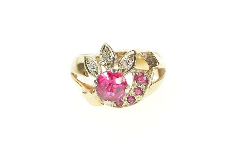 14K Yellow Gold 1930's Syn. Ruby Diamond Leaf Cocktail Ring