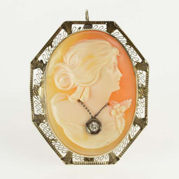 14K White Gold Filigree Diamond Necklace Victorian Cameo Pendant/Pin