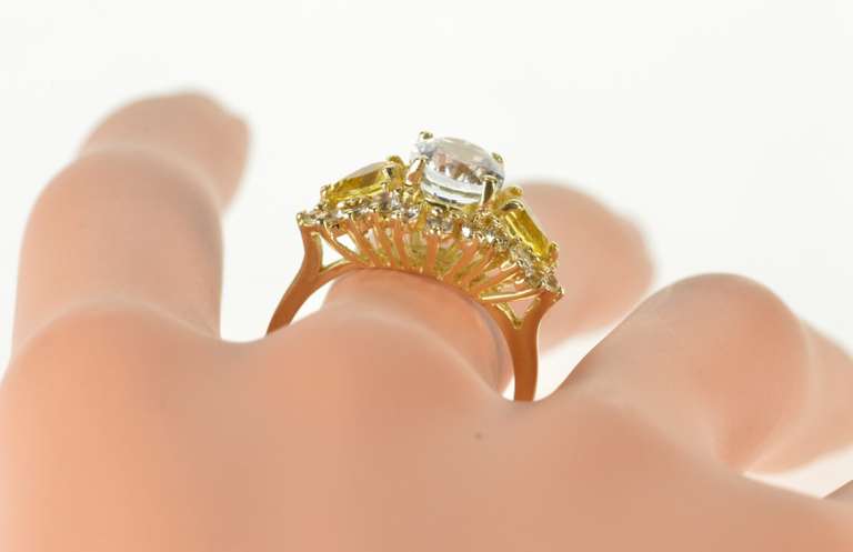14K Yellow Gold Blue Topaz Pear Citrine CZ Halo Statement Ring