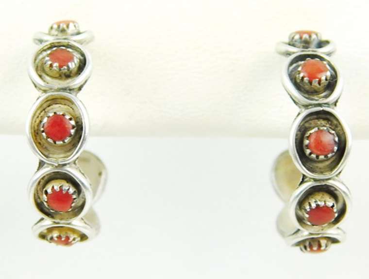 Vintage Navajo Sterling Coral Hoop Earrings
