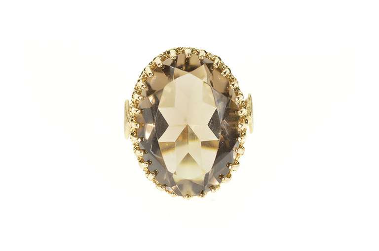 10K Yellow Gold 1960's Ornate Oval Smoky Quartz Cocktail Ring