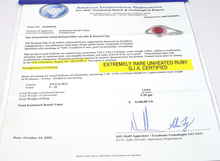 Rare GIA Certified Unheated Ruby & Diamond Platinum Ring