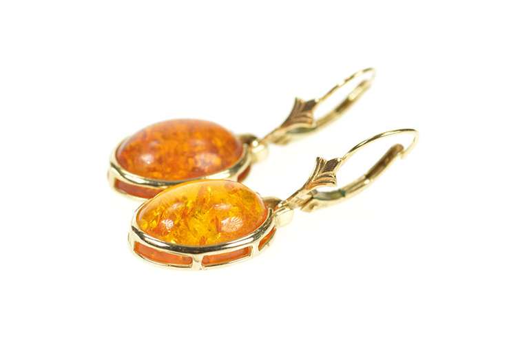 14K Yellow Gold Oval Amber Cabochon Dangle Lever Back Earrings