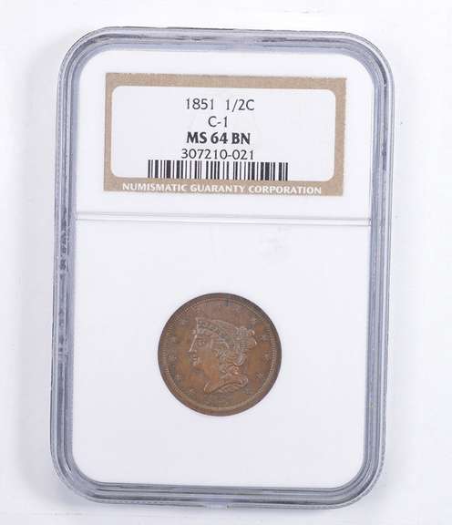 MS64 BN 1851 Braided Hair Half Cent - C-1 - Graded NGC