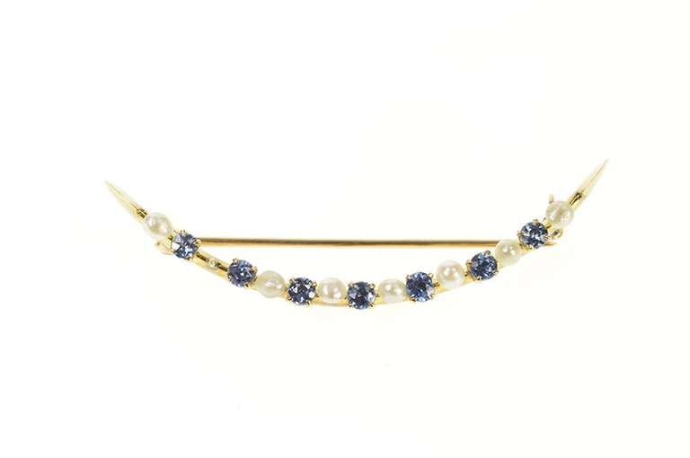 14K Yellow Gold Victorian Pearl Iolite Moon Statement Pin/Brooch