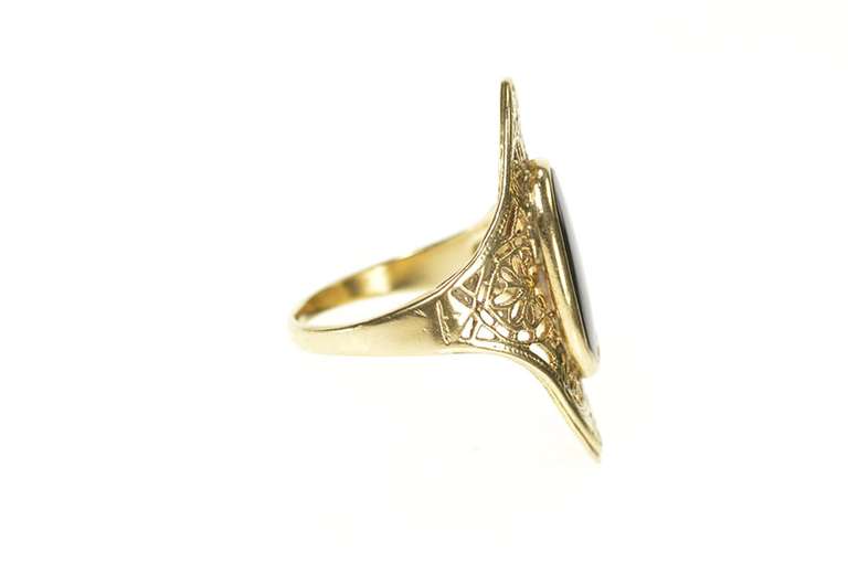 10K Yellow Gold Black Onyx Floral Filigree Art Deco Dinner Ring