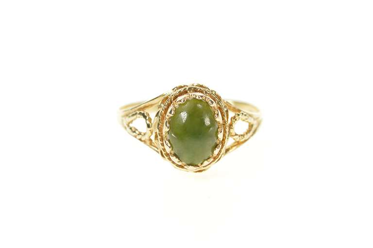10K Yellow Gold Oval Nephrite Cabochon Rope Trim Statement Ring