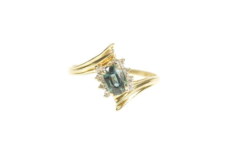 10K Yellow Gold Oval Green Blue Sapphire Diamond Bypass Ring