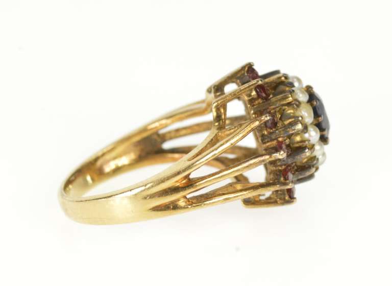14K Yellow Gold Retro Sapphire Garnet Seed Pearl Halo Cocktail Ring