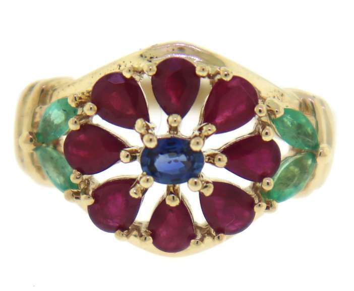 Amazing Ruby, Emerald & Sapphire Flower Ring
