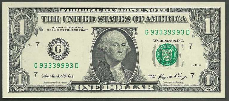 $1 2006 Binary serial number G93339993D Gem Uncirculated