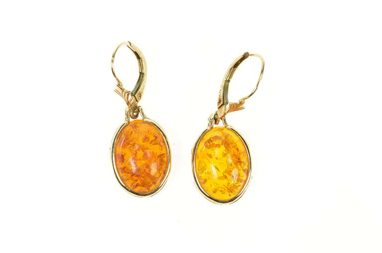 14K Yellow Gold Oval Amber Cabochon Dangle Lever Back Earrings